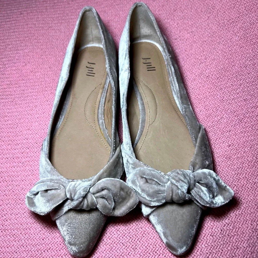 J. Jill Womens Velvet Pointed Toe Bow Ballet Flats Champagne‎ Taupe Size 7.5